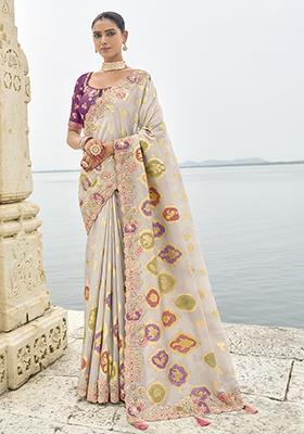 Grey Embroidered Silk Saree Set