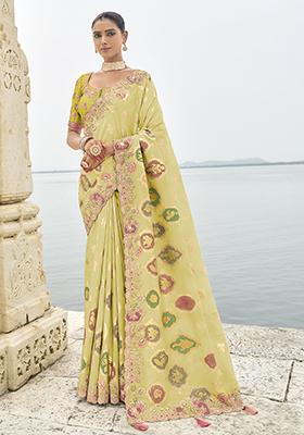 Pista Green Embroidered Silk Saree Set