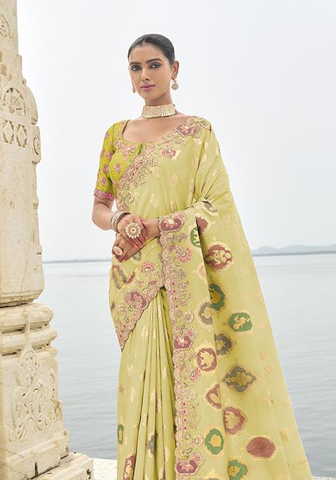 Green print & embroidered skirt saree set main image 0