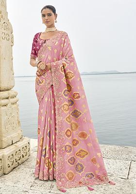 Pink Embroidered Silk Saree Set