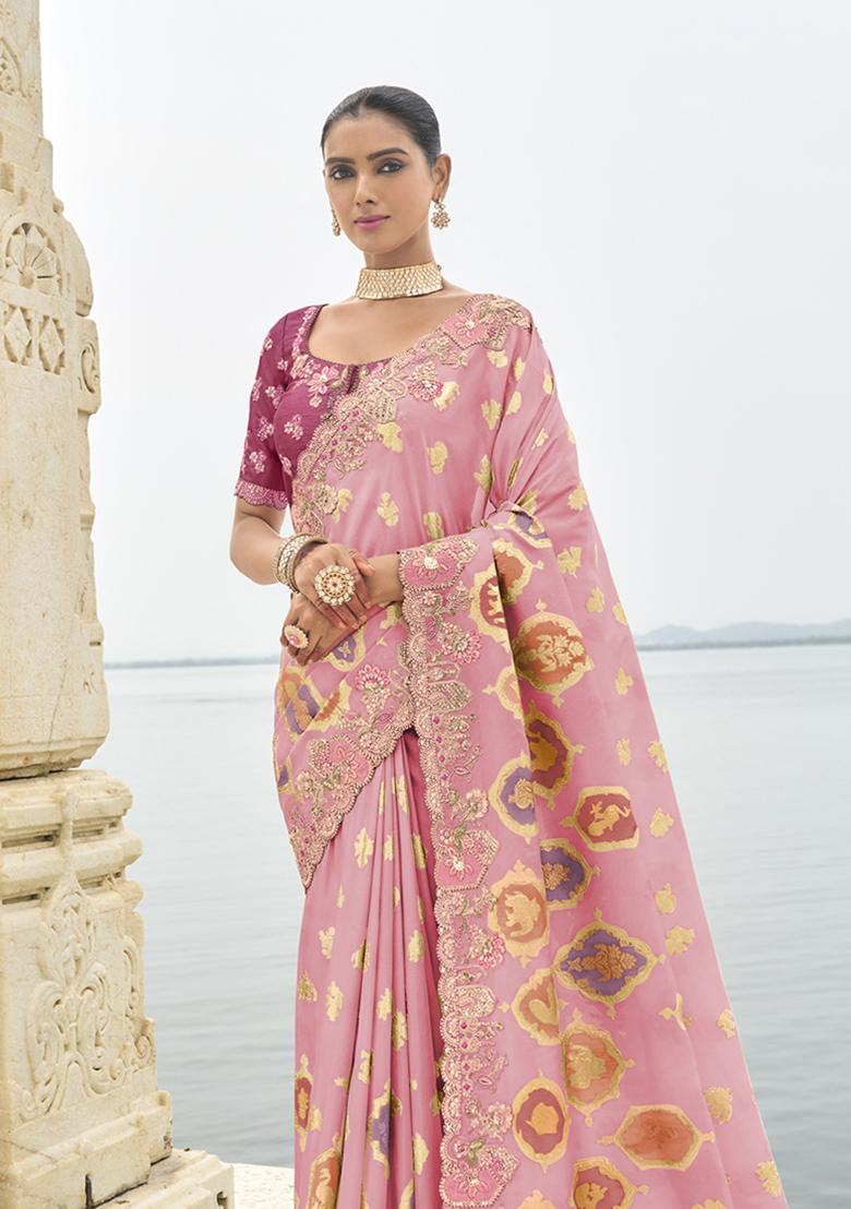 Pink Embroidered Silk Saree Set