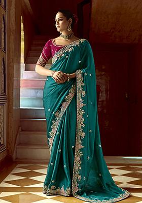Teal Blue Embroidered Fancy Fabric Saree Set