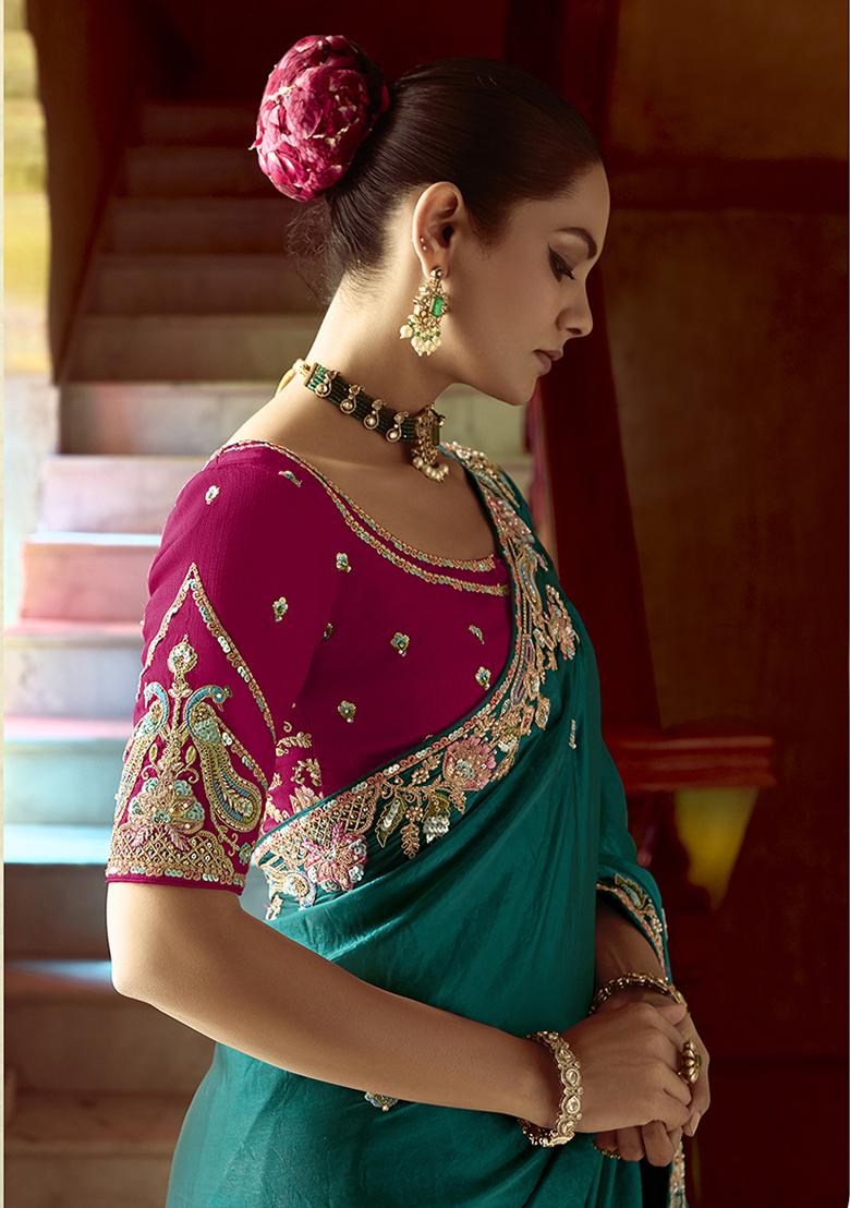 Teal Blue Embroidered Fancy Fabric Saree Set