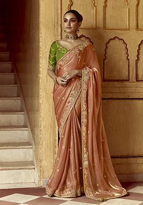 Rust Red Embroidered Fancy Fabric Saree Set