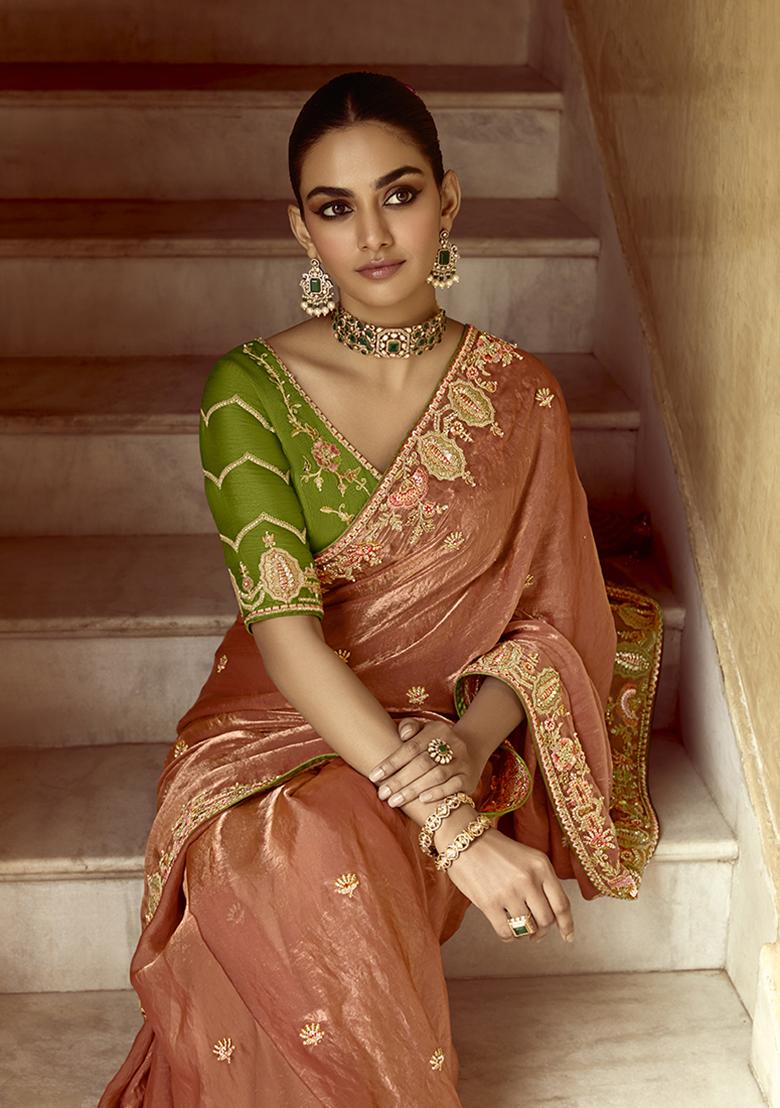 Rust Red Embroidered Fancy Fabric Saree Set