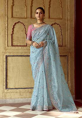 Sky Blue Embroidered Fancy Fabric Saree Set
