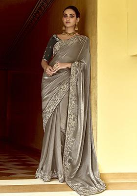 Grey Embroidered Fancy Fabric Saree Set