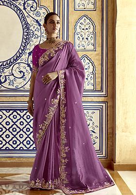Purple Embroidered Fancy Fabric Saree Set