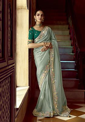 Aqua Blue Embroidered Fancy Fabric Saree Set