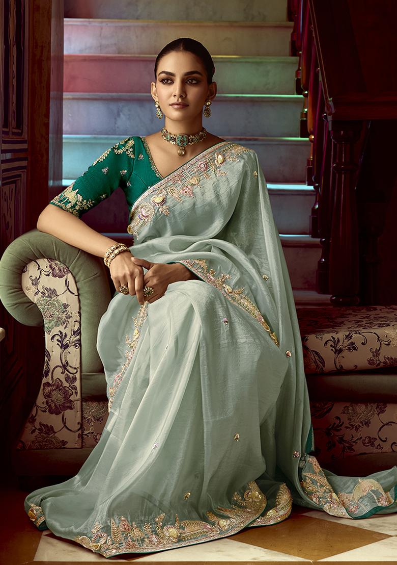 Aqua Blue Embroidered Fancy Fabric Saree Set