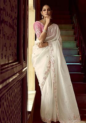 White Embroidered Fancy Fabric Saree Set