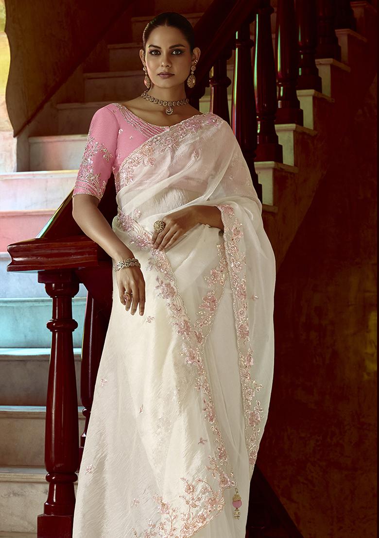 White Embroidered Fancy Fabric Saree Set
