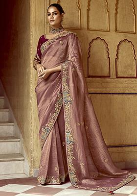 Brown Embroidered Fancy Fabric Saree Set