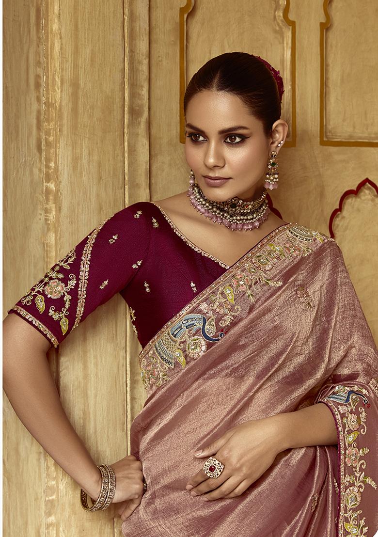 Brown Embroidered Fancy Fabric Saree Set