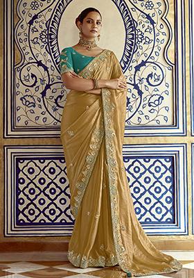 Golden Embroidered Fancy Fabric Saree Set