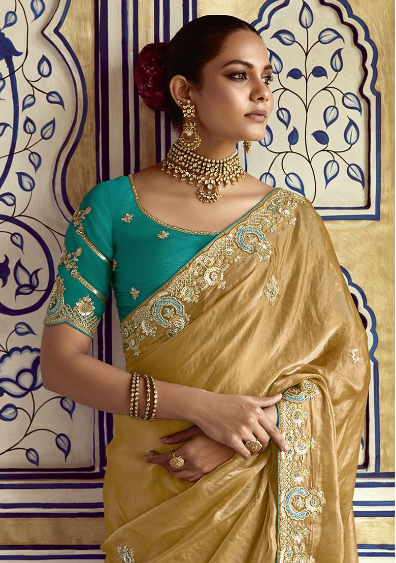 Golden Embroidered Fancy Fabric Saree Set