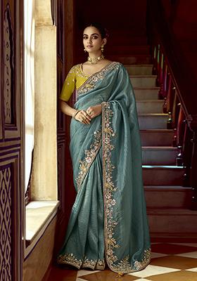 Teal Blue Embroidered Fancy Fabric Saree Set