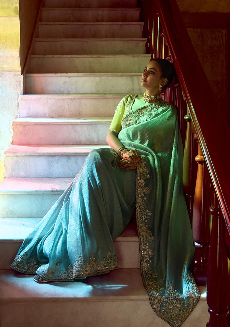 Teal Blue Embroidered Fancy Fabric Saree Set