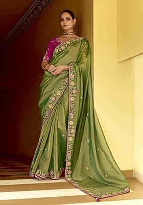 Green Embroidered Fancy Fabric Saree Set