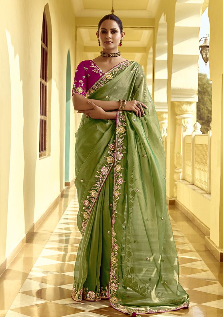 Green Embroidered Fancy Fabric Saree Set