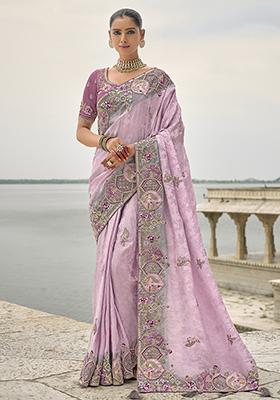 Lavender Embroidered Silk Saree Set