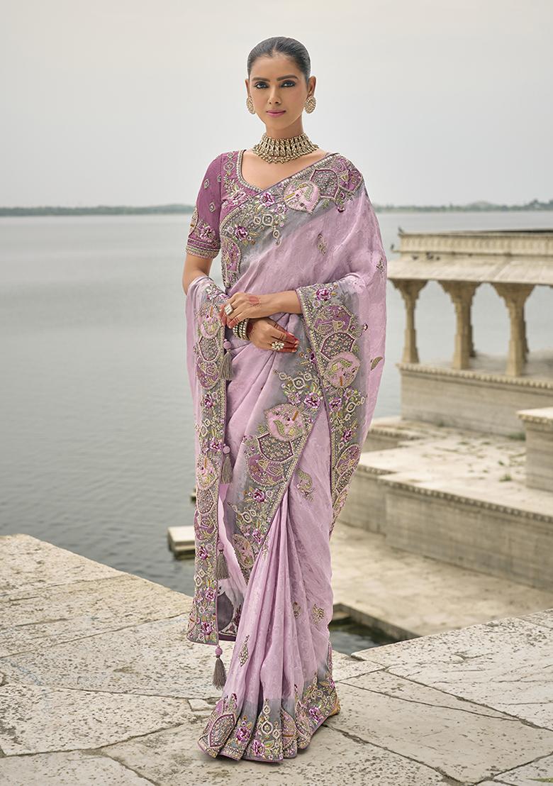 Lavender Embroidered Silk Saree Set