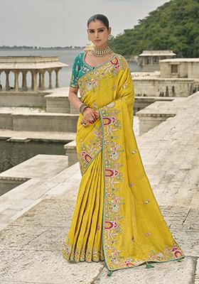 Mustard Yellow Embroidered Silk Saree Set