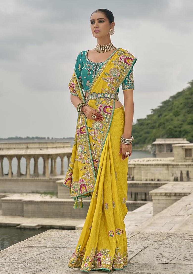 Mustard Yellow Embroidered Silk Saree Set