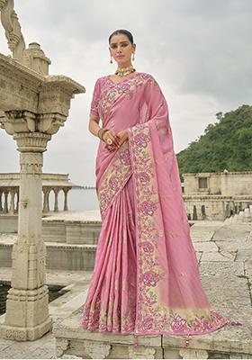 Pink Embroidered Silk Saree Set