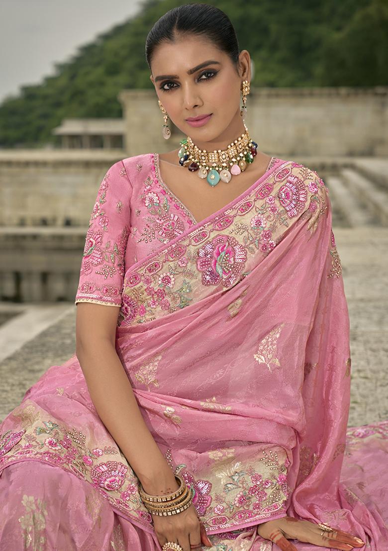 Pink Embroidered Silk Saree Set