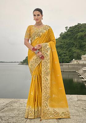 Yellow Embroidered Silk Saree Set