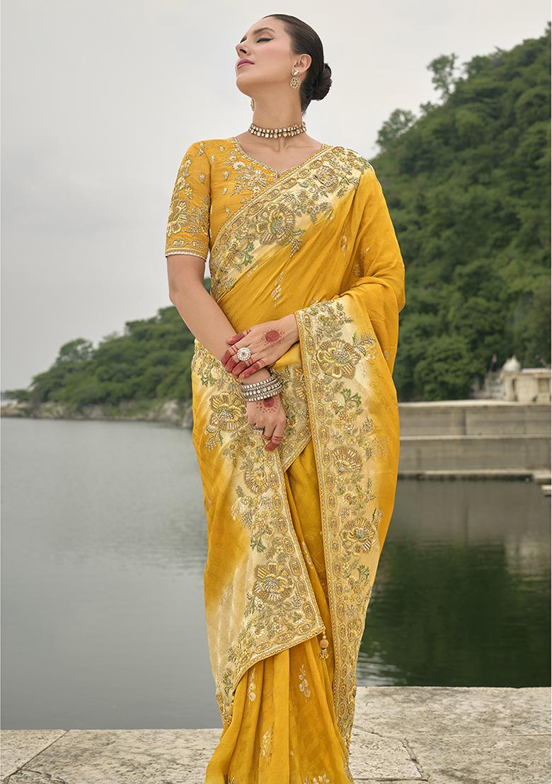 Yellow Embroidered Silk Saree Set