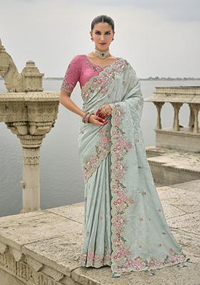 Sky Blue Embroidered Silk Saree Set