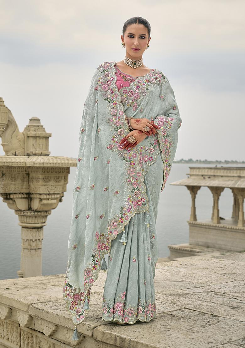 Sky Blue Embroidered Silk Saree Set