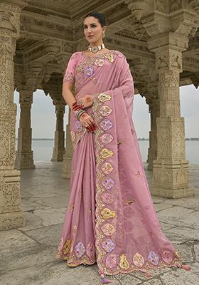 Onion Pink Embroidered Silk Saree Set