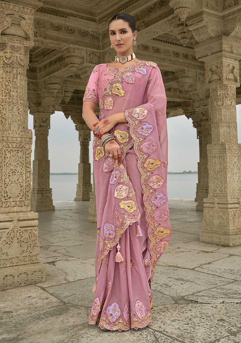 Onion Pink Embroidered Silk Saree Set