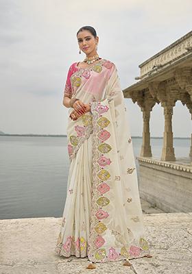 Off White Embroidered Silk Saree Set