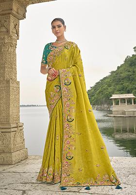 Pear Green Embroidered Silk Saree Set