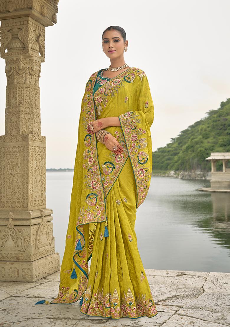 Pear Green Embroidered Silk Saree Set