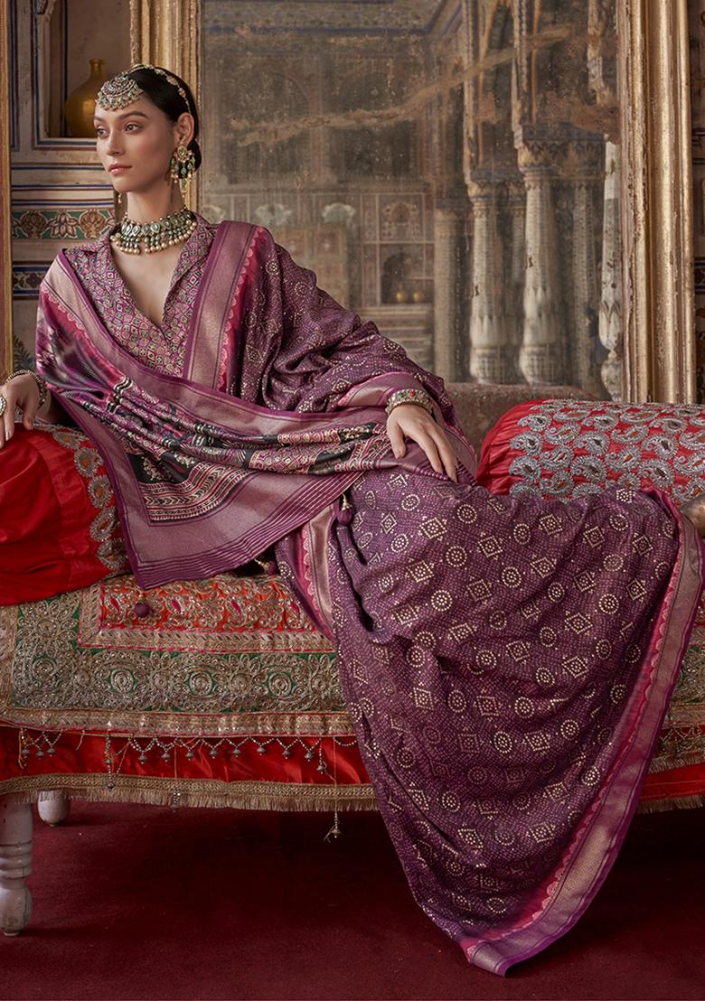 Burgundy Wine Embroidered Silk Saree Set