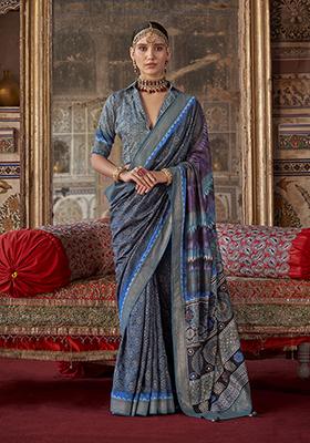 Blue Embroidered Silk Saree Set