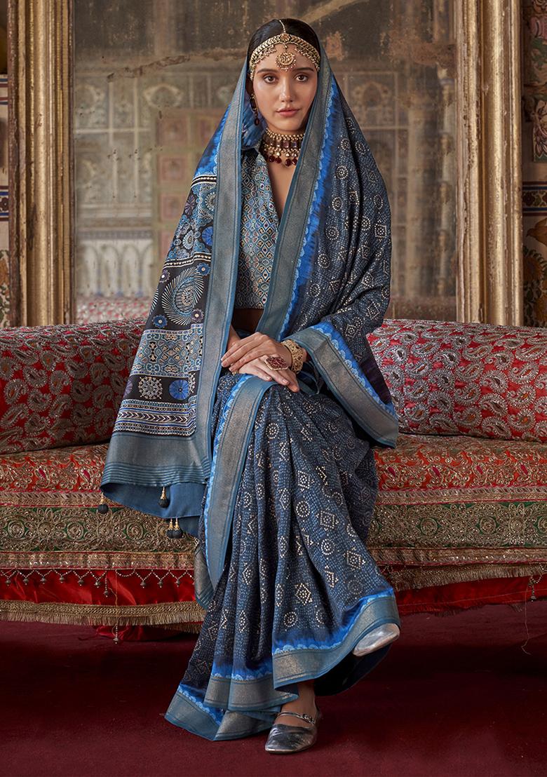 Blue Embroidered Silk Saree Set