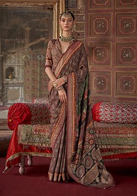 Brown Embroidered Silk Saree Set