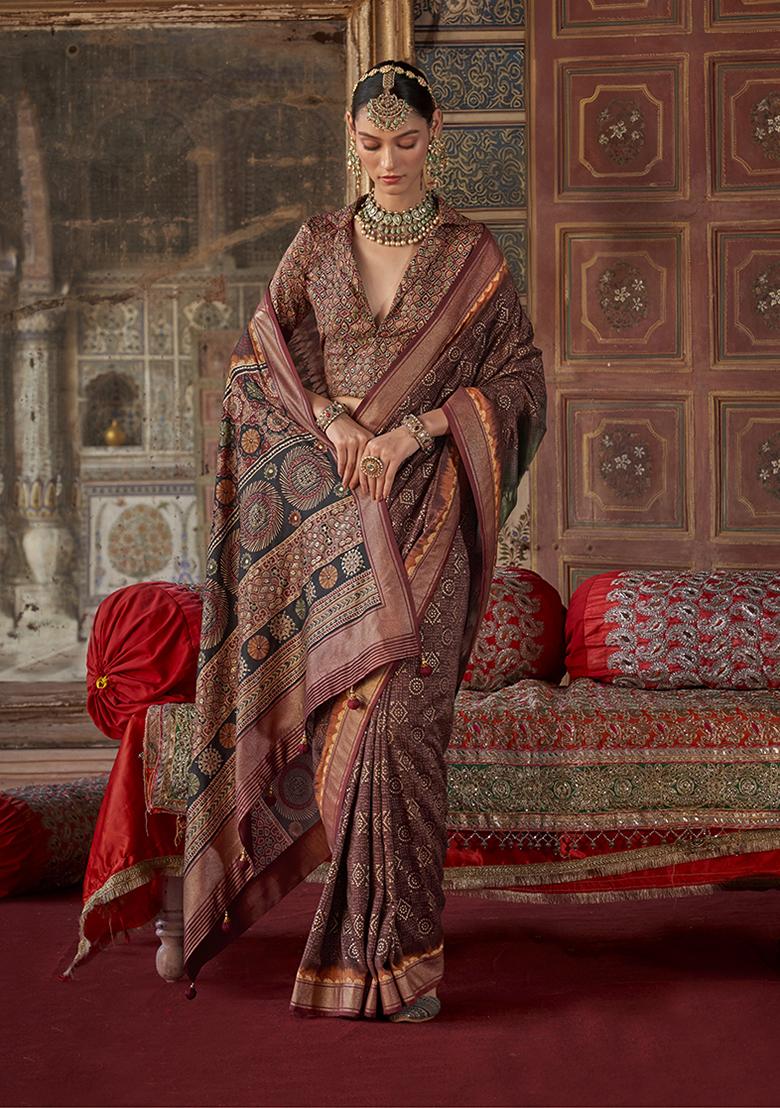 Brown Embroidered Silk Saree Set