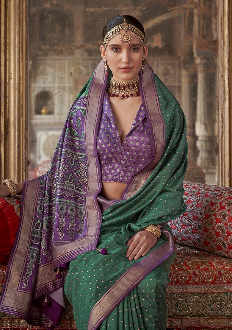 Green Embroidered Silk Saree Set