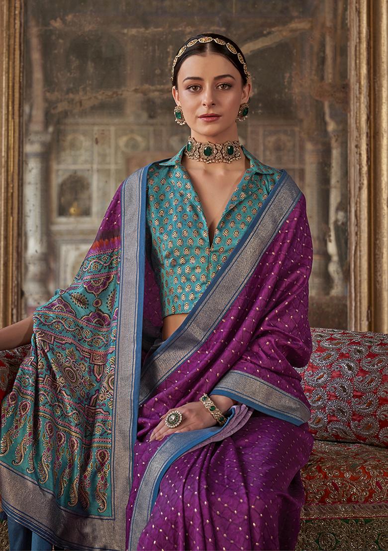 Magenta Pink Embroidered Silk Saree Set