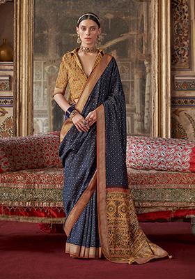 Navy Blue Embroidered Silk Saree Set