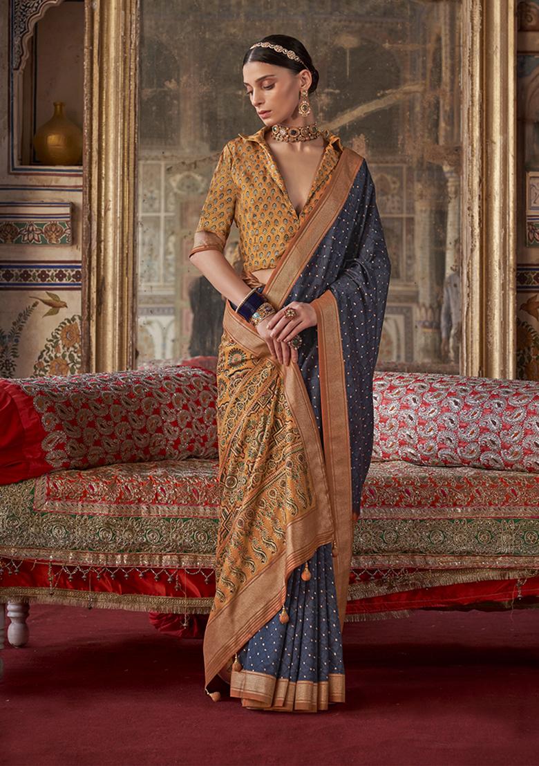 Navy Blue Embroidered Silk Saree Set