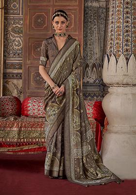 Brown Embroidered Silk Saree Set