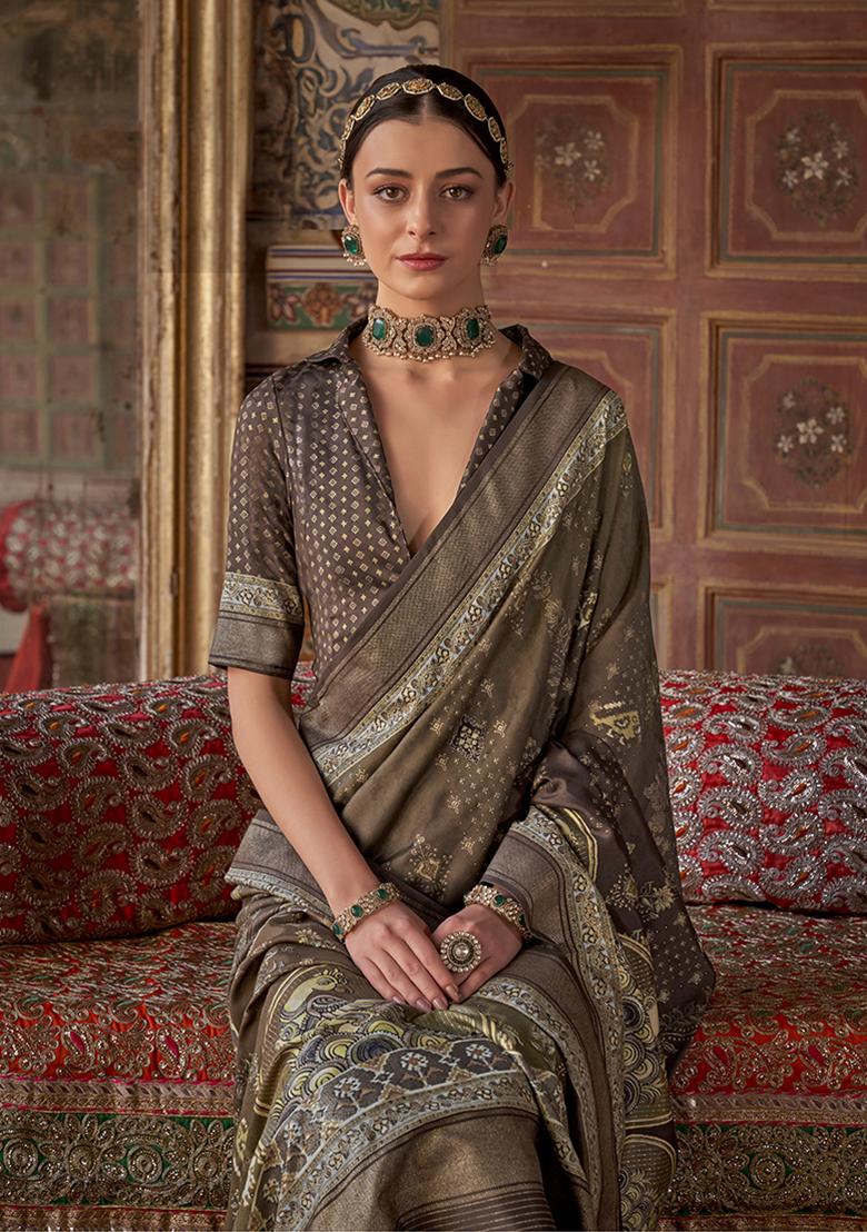 Brown Embroidered Silk Saree Set